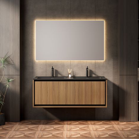 Mueble de baño suspendido con lavabo doble, 2 cajones, resina negra, marrón roble (1/5)