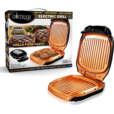 Grill électrique Gotham Steel 900W – Bac récupérateur de graisse – Cuisson rapide viandes, poissons et légumes – Dimensions 25,5x30x10cm – Noir