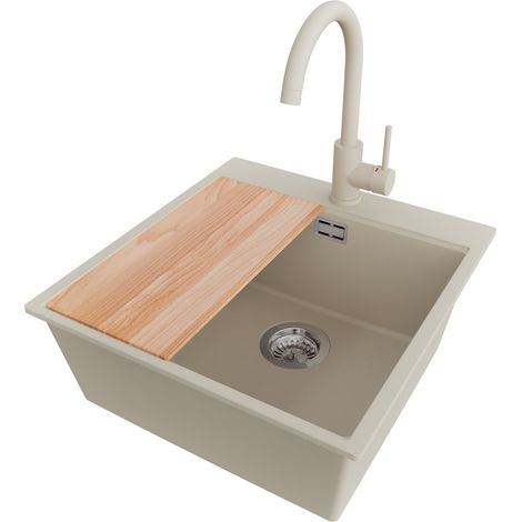 PRIMAGRAN Evier Cuisine en Granit 48x50cm,Lavabo 1 bac + Robinet 32x20cm + Kit de Vidage + Planche à Découper, Évier à Encastrer au meuble 50cm - Oslo, Beige (1/5)