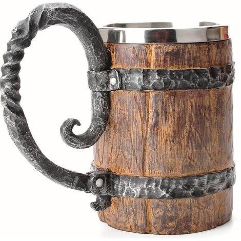 Chope à bière vintage imitation bois style viking médiéval rétro en acier inoxydable 500 ml - Cadeau unique (1/5)