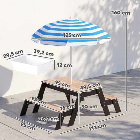 Table de pique-nique enfants avec parasol, 3 en 1 salon de jardin en bois pour enfants 3-6 ans avec 2 boîtes, naturel (1/5)