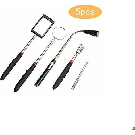HONORNIC - 5Pcs Outil de Préhension Magnétique, 1.5/20lb Outil de Ramassage Aimanté et Miroir d'Inspection Carré/Rond, Avec LED et Poignée (1/4)