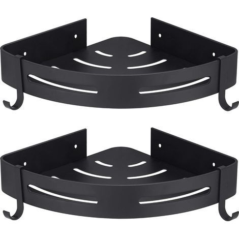 Etagére Douche d'angle Noir sans Perage Rangement Salle de Bain Douche Accessoire Salle de Bain Support Porte Savon Douche Aucun Antirouille en Aluminium Lot de 2 avec Crochets (1/5)