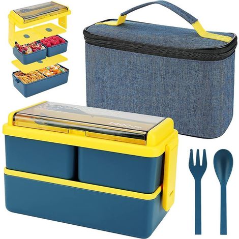 Boîte à lunch Bento bleue à deux compartiments avec 3 compartiments, sac et couverts isothermes - Contenant repas de 1400 ml pour adultes, étudiants et enfants (1/5)