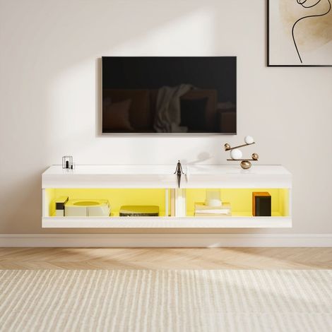 Meuble tv suspendu design 140 cm blanc brillant led, rangements ouverts (1/5)
