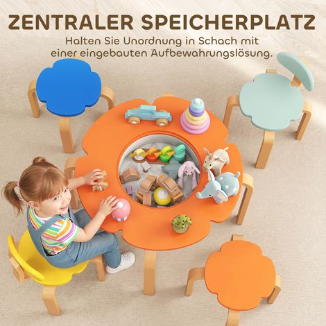 Ensemble table et chaises enfant 5 pièces, avec rangement, forme fleur, pour salle de jeux, chambre, bois multicolore (1/5)