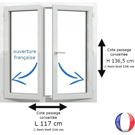 Fenêtre PVC blanc 2 vantaux hors tout H 136 x L 116 cm ouverture française pour pose rénovation