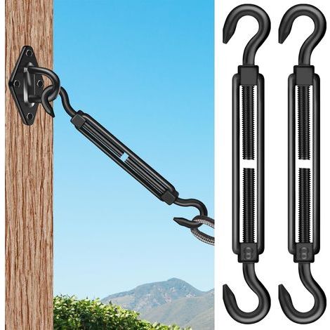 Lot de 2 tendeurs à crochet M8 en acier inoxydable 304, noir, robustes, pour la tension des câbles métalliques et la fixation d'abris solaires. (1/5)