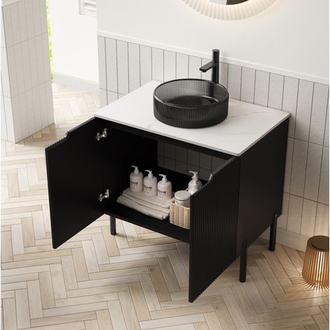 Mueble de baño con lavabo de pie 76 cm estilo romántico negro con lavabo redondo de vidrio y 2 puertas (1/5)