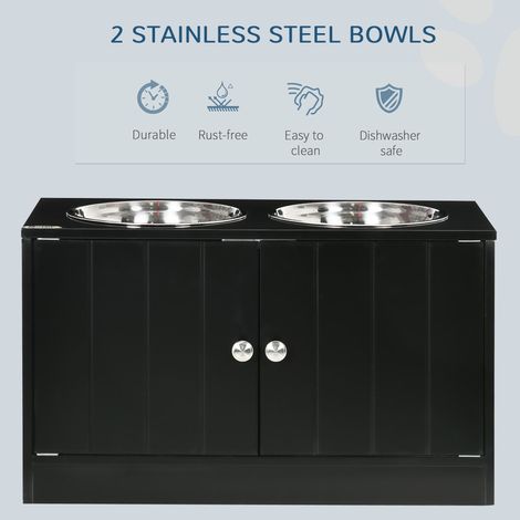 Grand ensemble de gamelles surélevées pour chien avec support, station d'alimentation pour animaux de compagnie, 2 gamelles en acier inoxydable pour nourriture et eau, noir, espace de rangement, 60 x (1/5)