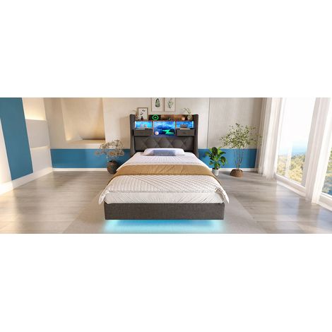 Cama 90x200 cm de lino gris con LED y carga, para dormitorio pequeño, sin colchón – MEUBLIV (1/5)