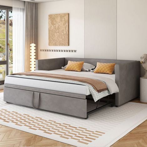 lit gigogne 90/180x200, convertible confortable banquette lit, structure bois massif, revêtement velours, sommier inclus (1/5)