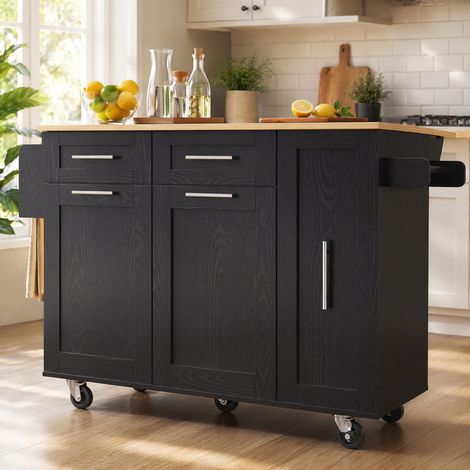 Meuble de cuisine îlot central sur roulettes avec plateau rabattable, rangements, noir DESVIAE (1/5)
