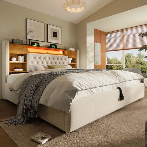 Lit coffre rembourré 180 x 200 cm beige en lin LED USB-C tête de lit avec étagères sommier à lattes coffre hydraulique sans matelas (1/5)