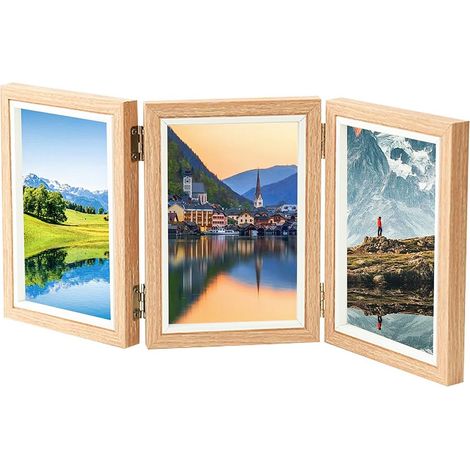 Cadre Photo Triple, Cadres Photo de 7 Pouces, Cadre Photo Pliable en Bois à charnière Pliable à 180 ° avec Support Avant en Verre Vertical pour Les Amis de la Famille de Bureau, Couleur Bois (1/5)