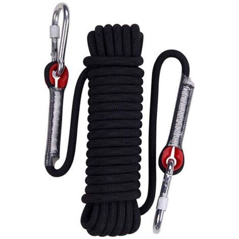 Static Climbing Rope 30m Black Rescue Parachute Rope Rappelling Rope with Carabiners 10mm Diameter (1/4)