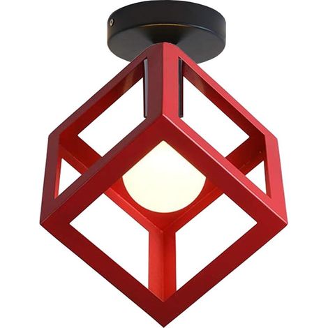 Ceiling Light Fixture Modern Chandelier Cage Shape Vintage Ceiling Lamp Geometric Style Metal Shade E27 Lighting for Bedroom Living Room Restaurant, Cube Shape,16CM,Red (1/5)
