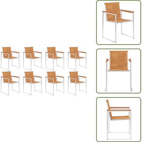 The Living Store Chaises de jardin lot de 8 Bois d'acacia et acier inoxydable - Chaises de salle à manger (1/5)