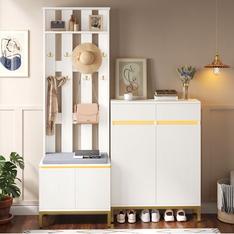 Ensemble vestiaire avec meuble à chaussures, banc, patères et LED contrôlée par application, blanc (1/5)