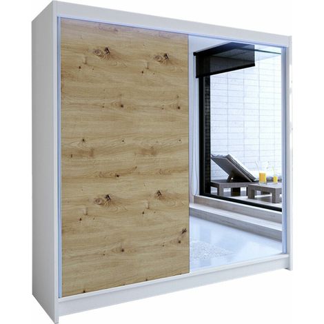 Armario Closico Cavaris I, Blanco + Roble Artisan, 215x180x58cm, Puertas de armario: Correderas, Número de estantes: 5, LED (1/4)