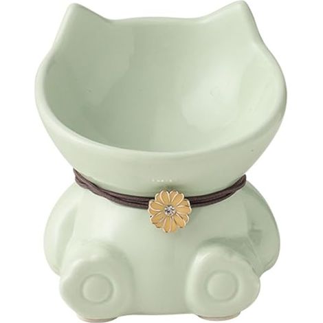 Écuelle pour Chat Rehaussée Céramique Porcelaine 14.8x14.6x14.3 cm Vert Forme de Chat Accessoire Station d’Alimentation Résistant au Lave-Vaisselle (1/4)