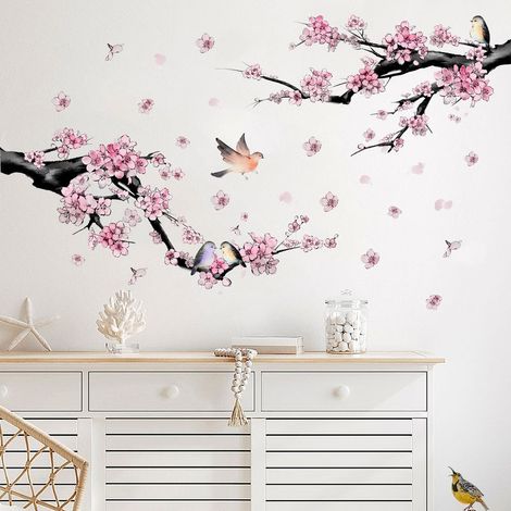 Pegatinas de pared de ramas con flores rosas, vinilo decorativo de árbol con flores rosas, decoración de pared para habitación infantil, dormitorio, sala de estar. (1/4)