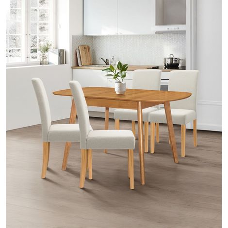 Hallowood Furniture Aston Dining Table and Chairs Set 4, Wooden Space Saving Table and Chairs with Straight-Back and Beige Linen Fabric Upholstery, Extending Butterfly Dining Set for Home and Cafe (1/5)