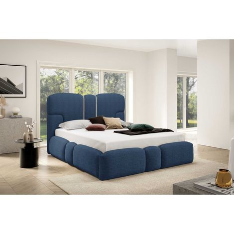 Emporius Lit adulte 180x200 Safron avec LED, rangement - tissu chenille, sommier métallique, bleu marine (1/5)