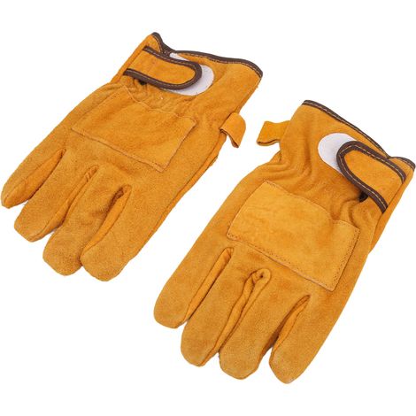 Gants de cuir ignifugés jaunes pour barbecue et four, protection thermique courte en polyester. (1/5)