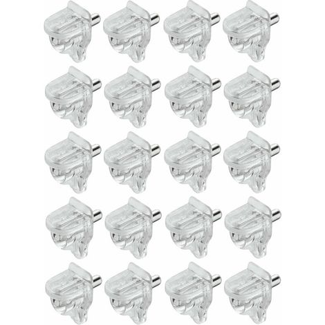 – Lot de 20 taquets plastiques transparents à tenon acier 3mm – Capacité de charge 2kg par pièce – Pour tablette bois ou verre meuble étagère (1/2)