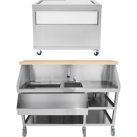 Estación de Coctelería Móvil Premium con Carro de Hielo 109L, Acero Inoxidable, Fregadero, Grifo 360°, Depósito 62L, Pizarra Magnética y Accesorios para Bares y Eventos (1/5)