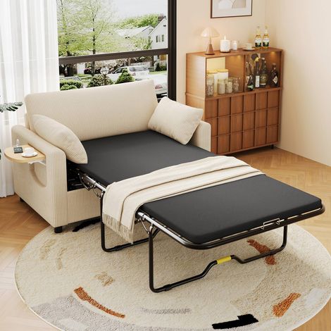Canapé convertible 2 places beige avec matelas, table rabattable et ports usb, idéal petit espace (1/5)