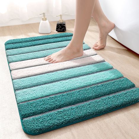 Tapis de bain absorbant, antidérapant et lavable, petit tapis de douche 40 x 60 cm, turquoise et blanc (1/5)