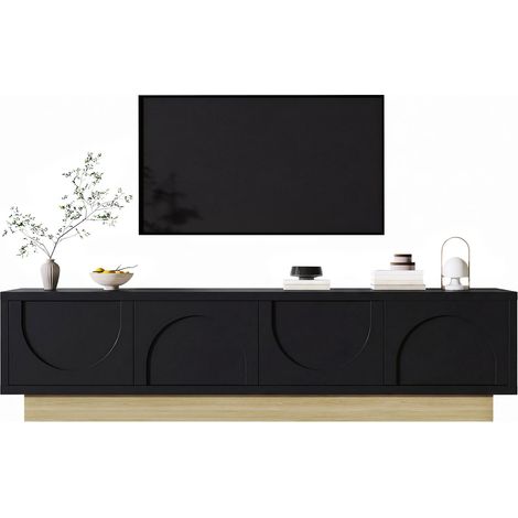 Meuble TV noir moderne avec finition imitation bois – 175 cm – Design minimaliste et incurvé – Nombreux rangements et système de gestion des câbles
