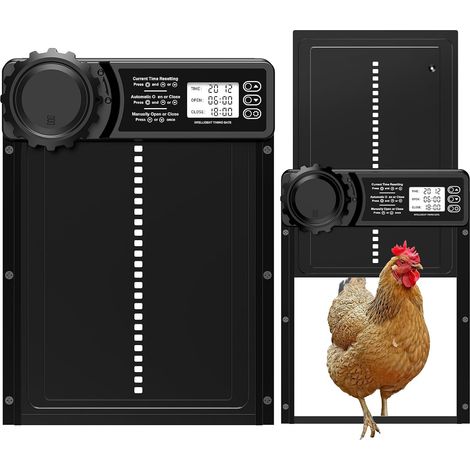 Porte Poulailler Automatique Batterie avec Écran LCD Programmable Étanche, Porte Automatique Poulailler en Aluminium avec Minuterie, Fonction Anti-pincement, Ouvre-Porte Vertical, Noir (1/5)