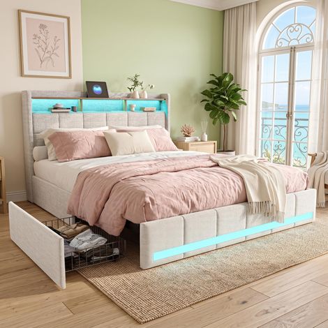Lit Double 140x200 cm en Lin Beige avec 4 Tiroirs - LED et 2 Ports USB Intégrés - Sommier à Lattes Inclus, Design Moderne (1/5)