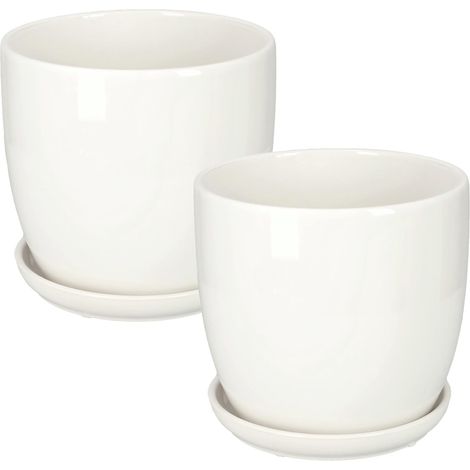 KOTARBAU Lot de 2 pots de fleurs en céramique pour fleurs et plantes Diamètre 17 cm avec bac égouttoir Blanc (1/5)
