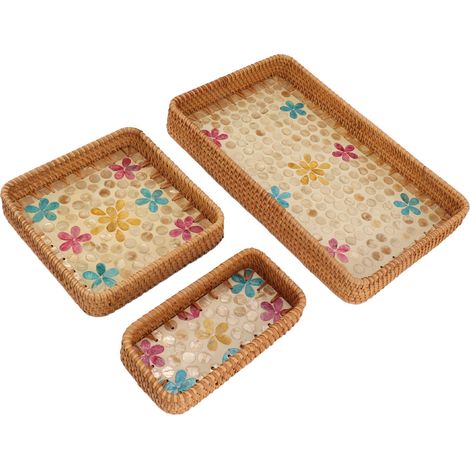 3-teiliges Obsttablett aus Rattan, rechteckig, vielseitig verwendbar, zur Aufbewahrung, für Zuhause und Restaurant, farbenfrohes Design (1/5)