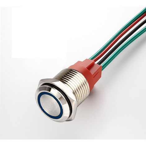 Bouton Poussoir Momentané 220V/15A Sans Lumière LED Bleue Etanche, Bouton Poussoir de Démarrage en Métal Eclairé de 19mm avec Fil de Prise (1/5)