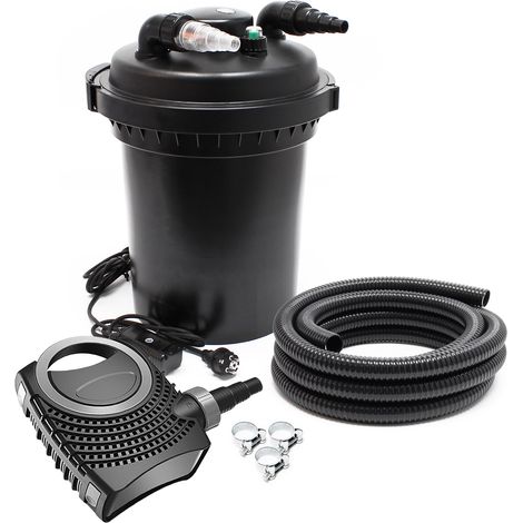 SunSun Komplettset: CPF-380 Teichdruckfilter bis 12000 L mit 11 Watt UV-C Teichklärer, NEO10000 SuperECO Teichpumpe 10000l/h 80W, 10m Teichschlauch 38 mm (1 1/2"), Schlauchschellen W1 44-47mm