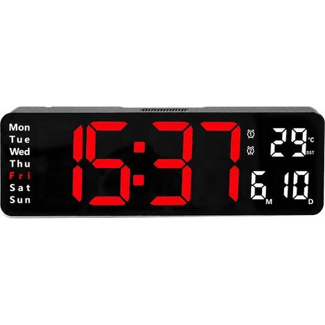 Horloge murale numérique LED 16 pouces, style nordique, grand écran, avec thermomètre et calendrier (33 cm) 6629 lumière rouge (1/5)