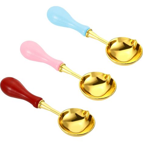 4" Cire Sceau Cuillère, 3Pcs Cire Étanchéité Fonte Cuillère Laiton Vintage Bois Poignée pour Cire Sceau Tampon Enveloppe Art Artisanat, Rose,Rouge, Bleu ciel (1/5)