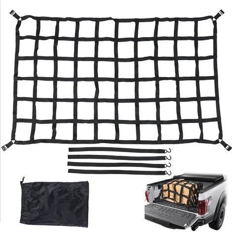 Filet De Rangement Coffre De Voiture,Filet De Transport,127x106cm,Résistant Aux Fissures,4 Sangles,Convient pour Les Camions,Les Remorques,Les Camionnettes,Les SUV,Etc.,Noir (1/5)
