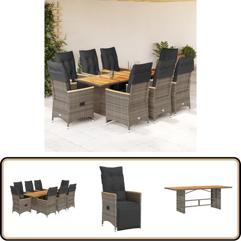 Ensemble de bistro de jardin 9 pcs coussins gris poly rotin - Salon De Jardin - Set De Salon De Jardin - Fauteuil Inclinable - Meuble De Jardin - Résine Tressée