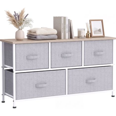 HOMCOM cómoda con 5 cajones de tela, cómoda para dormitorio, marco metálico, cajonera para salón, oficina, vestidor, gris