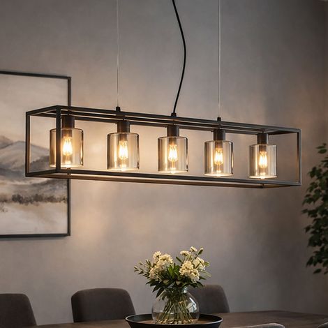 Lampada a sospensione 5 luci a sospensione regolabile in altezza vetro fumé nero, struttura in metallo, 5x prese E14, LxLxH 95x18x150 cm