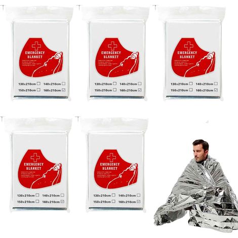 Lot de 5 Couverture de Survie 160x210 cm, Couverture Isothermique Argentée Grand Format pour Randonnée, Camping, Secours et Fenêtre, Protection Anti-Chaleur et Froid, Imperméable et Résistante (1/5)