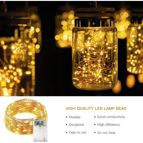Lot de 4 guirlandes lumineuses à 50 LED et à piles en fil de cuivre pour intérieur, extérieur, chambre, décoration de mariage, fête, Noël, arbre (5 m, blanc chaud) [Classe énergétique A]