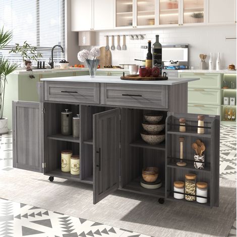 MEUBLIV Carrello da cucina 129x46 cm grigio e bianco – piano estensibile, ruote (1/5)