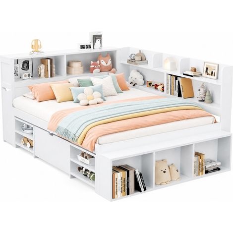 Lit enfant 140 x 190 cm avec tiroirs, étagères de rangement et sommier à lattes, grand espace de rangement, blanc, matelas non inclus, contreplaqué - CHICFURN (1/5)